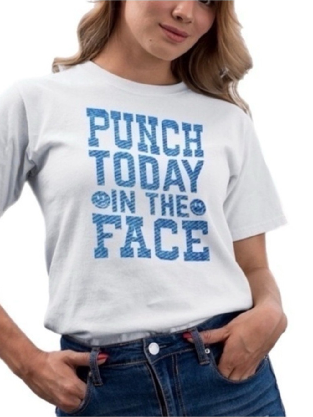 White Short Sleeve Graphic Print T Unisex ‘PUNCH TODAY IN THE FACE’ in Blue